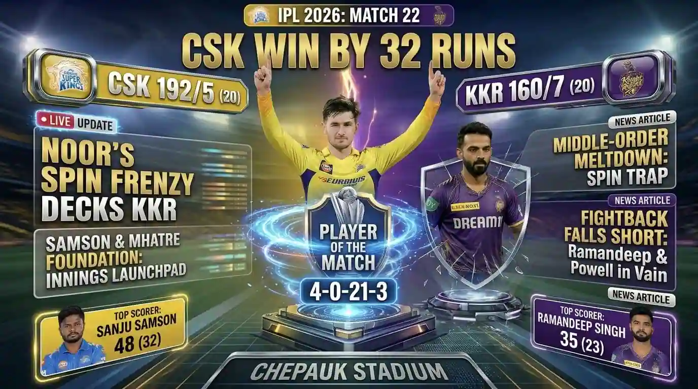 CSK vs KKR IPL 2026: Kolkata’s Shoking Collapse Leads to a Massive 32-Run Defeat