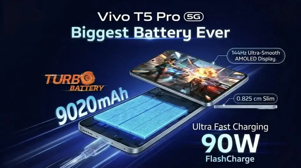 Vivo T5 Pro 5G 9020mAh battery with fast charger adapter