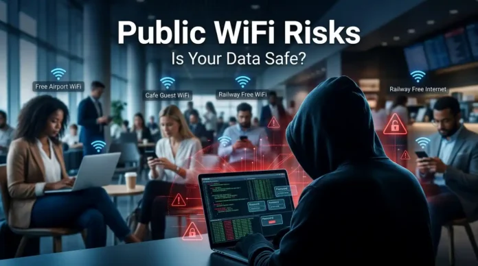 Public Wi-Fi risks featured image showing hacker monitoring free airport and cafe Wi-Fi networks