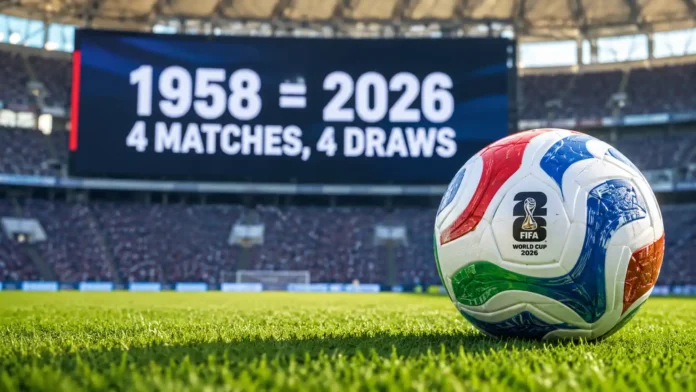 A conceptual sports news graphic comparing the legendary 1958 draw record with the history-repeating match results of the FIFA world cup 2026.