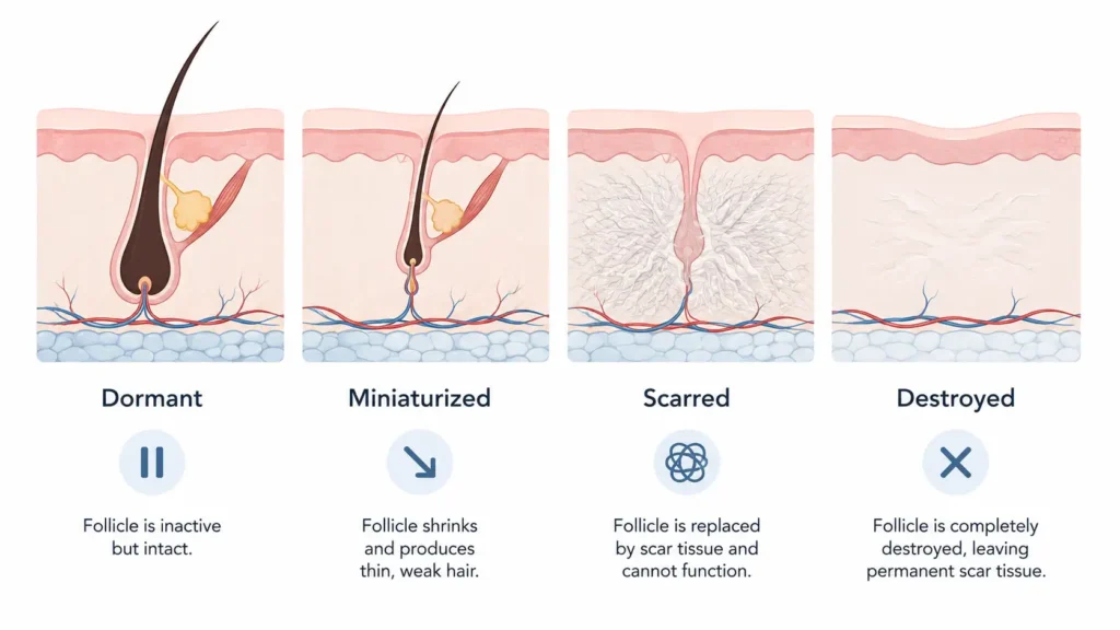 Comparison illustration of dormant, miniaturized and scarred hair follicles