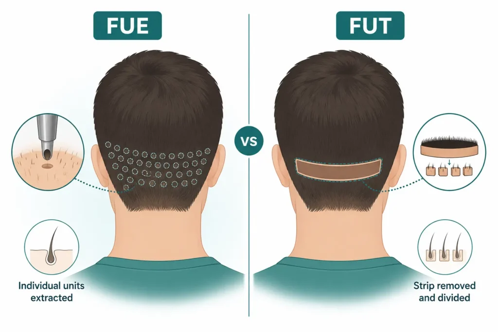 FUE versus FUT hair transplant technique illustration comparison