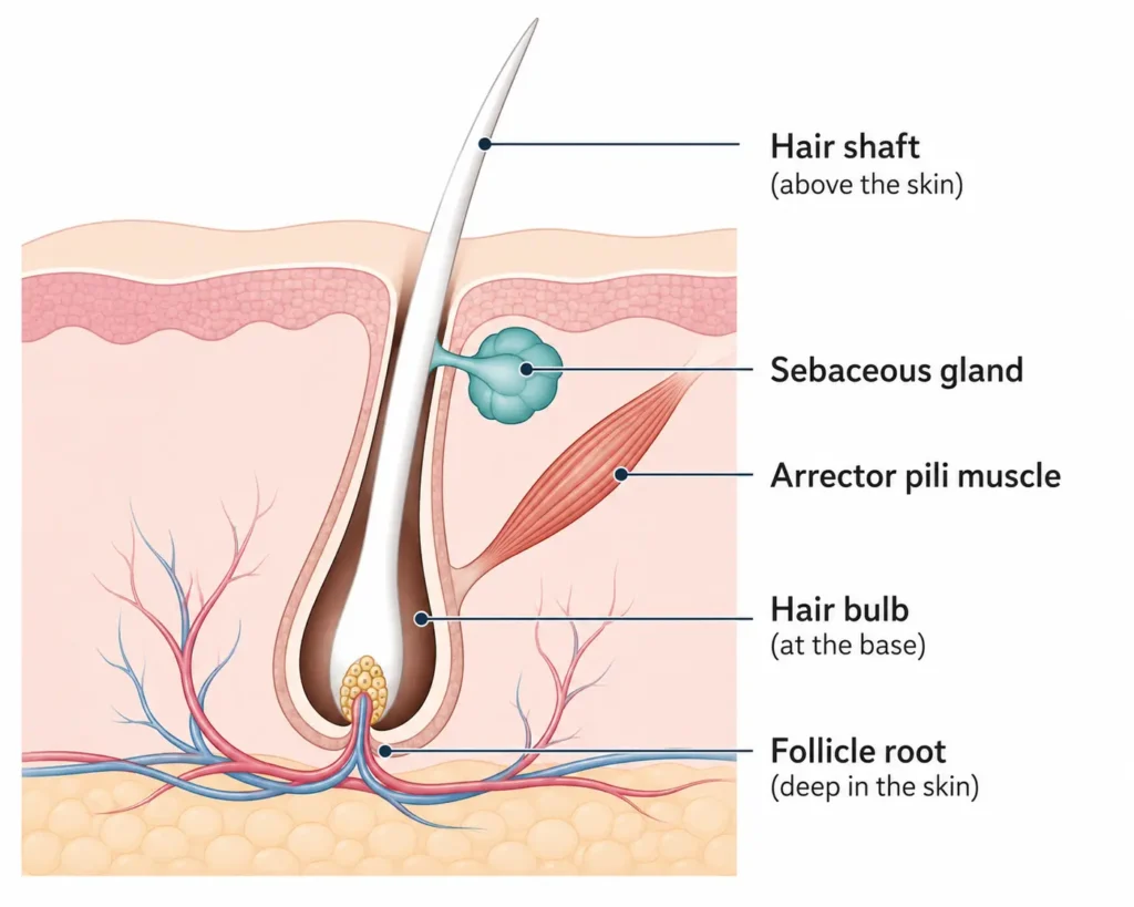 Labeled diagram of hair follicle anatomy showing sebaceous gland and hair shaft