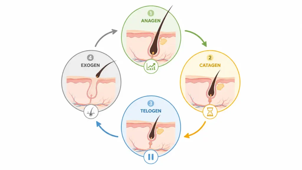 Hair growth cycle diagram showing anagen, catagen, telogen and exogen stages