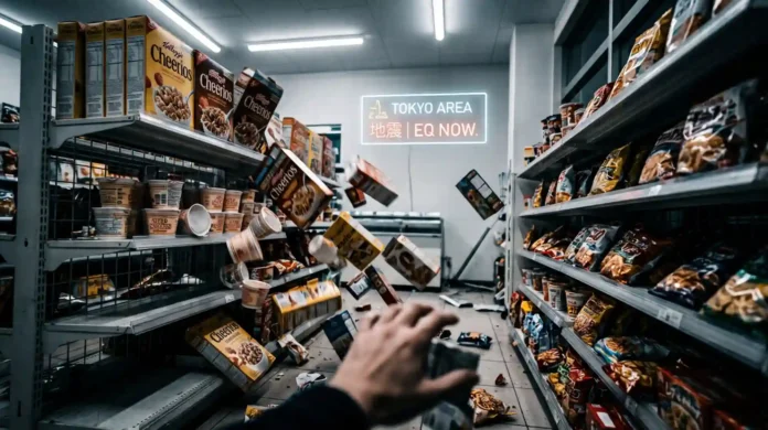 A dramatic first-person view inside a store showing groceries falling from shelves during the Tokyo earthquake today, capturing the intense shaking.