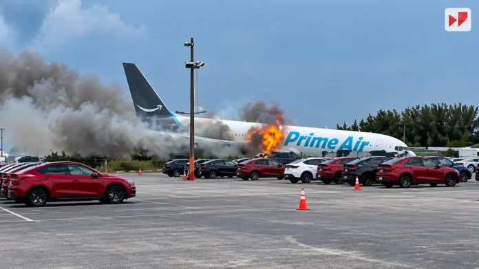 Amazon cargo plane crash at Miami International Airport with Prime Air aircraft on fire and smoke rising near the runway