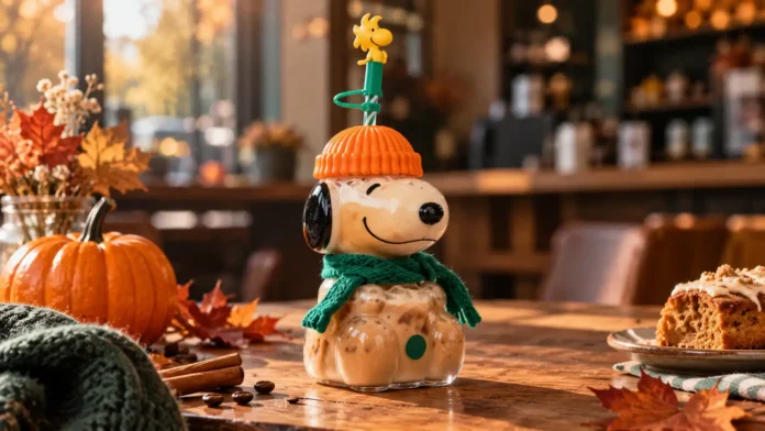 Snoopy glass cup Starbucks with iced pumpkin spice latte and autumn decor