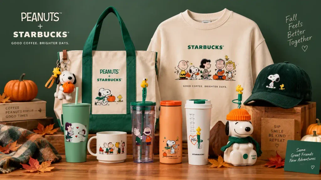 Starbucks Snoopy collection merchandise with tote, crewneck, hat and drinkware